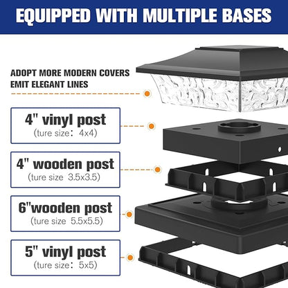 VOLISUN Solar Post Cap Lights Outdoor 4x4/6x6 Wooden/Vinyl Fence Cap Lights for Patio/Garden,Warm White with 2 Lighting Modes Waterproof,ABS Shell Lens Black (6 Pack)