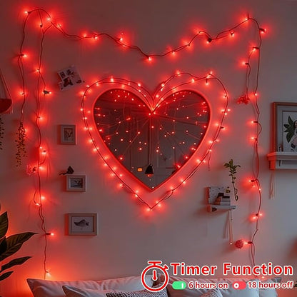 YEGUO Valentine’s Day String Lights Battery Operated, 2 Pack Each 33ft 100 LED Red Christmas Lights Outdoor Waterproof, Green Wire Fairy Light Indoor with Remote