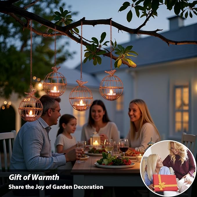 Outdoor Solar Hanging Lantern Lights, 4 Pack Rustic Ball Birdcage Hanging Candle Holder with Solar Tea Lights, Waterproof Chandelier for Patio, Backyard, Pergola, Tree Decor (Dark Orange)