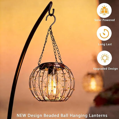 Hanging Solar Lanterns, Solar Lights Outdoor Waterpoof, Solar Chandelier with Warm White Led Bulb, Beaded Copper Wire Ball Shade Patio Garden Decor Lights for Tree Yard Pathway Wall Eave Pergola-2Pack