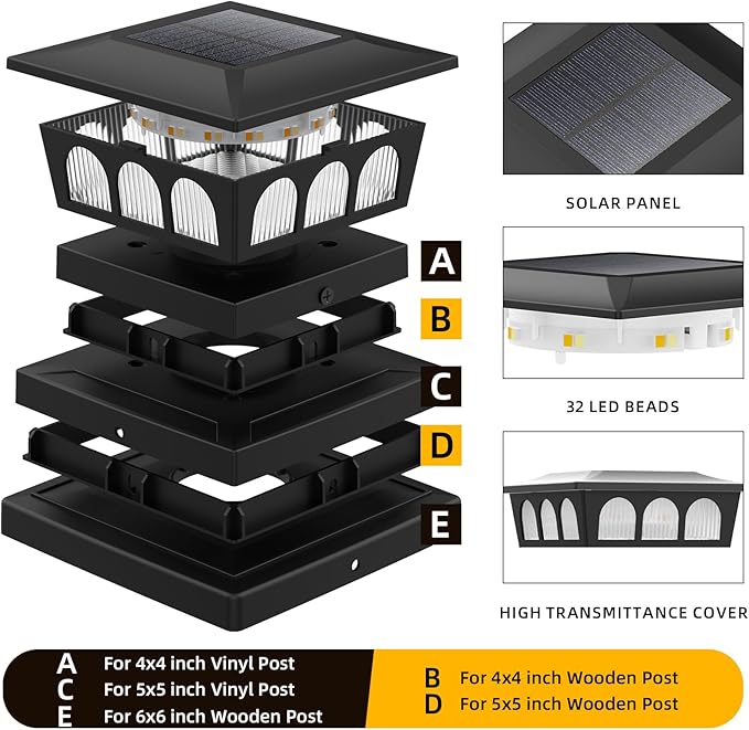 8 Pack Solar Post Cap Lights, Warm White & Cool White Auto On/Off, Waterproof Fence Post Solar Lights for 4x4 5x5 6x6 Wood/Vinyl Posts, Fence, Deck, Patio, Garden Decor (Black)