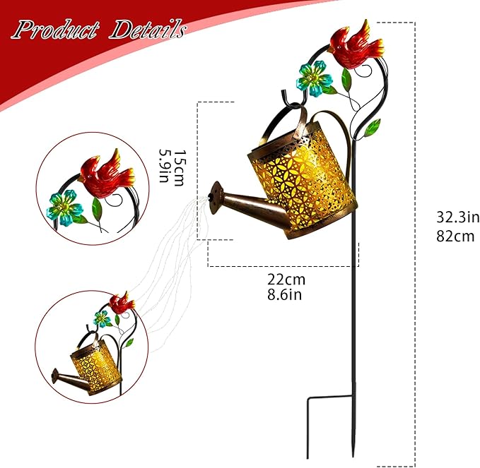Solar Lanterns Cardinal Granden Decor, Watering Can with Cardinal Shepherd Hook and Cascading Lights, Outdoor Solar Lantern for Garden Yard Decor, Gifts for Women Mom Grandma Birthday, Mothers Day