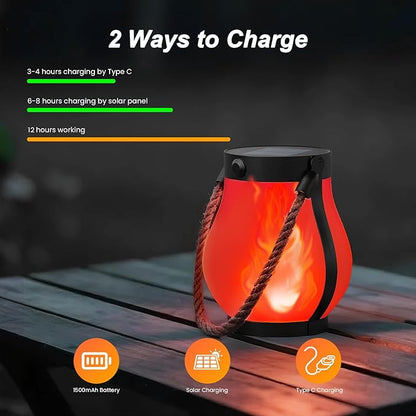 Hompavo Gen2 Solar Lanterns Outdoor with Ultra-Real Flame, Dual Charging (USB/Solar) & 2 Modes - Waterproof Decorative Hanging/Table Lights for Patio Garden Halloween Christmas Decorations, 2/Red