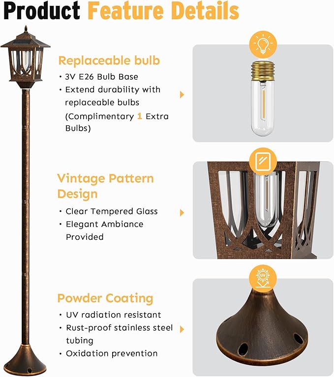 63" Solar Lamp Post Light 2 Pack, Solar Light Posts for Outside Waterproof, Outdoor Lamps for Patio, Backyard, Front Porch Decor, Warm White, Replaceable Bulb
