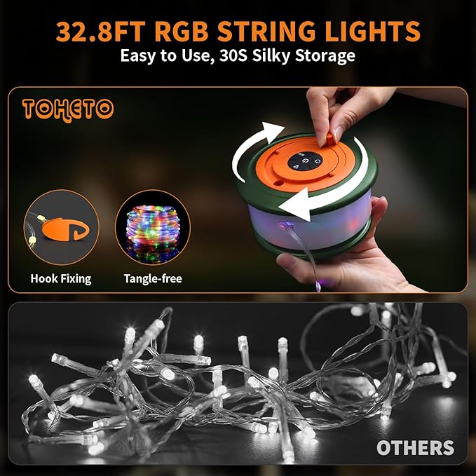 Camping String Lights, 3 in 1 Upgraded Retractable RGB Outdoor Tent Lights with 19 Modes, Quick 30s Recovery, 32.8 FT Portable, Rechargeable Camping Lantern (Green & Orange)