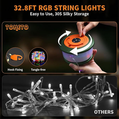 Camping String Lights, 3 in 1 Upgraded Retractable RGB Outdoor Tent Lights with 19 Modes, Quick 30s Recovery, 32.8 FT Portable, Rechargeable Camping Lantern (Green & Orange)