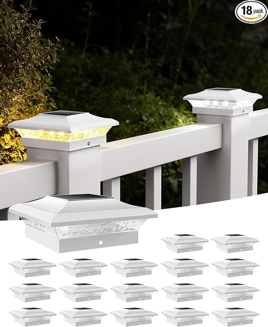 T-SUN 4x4 Post Cap Lights 18 Pack for Vinyl/Wooden Fence,Outdoor Waterproof Warm & Cool White, Deck Solar Post Lights for Patio Garden Yard Lighting