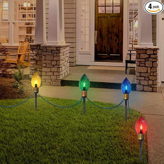 Jumbo Christmas Pathway Lights Outdoor, 7FT 4Pcs Connectable Plug in Multicolor Diamond Walkway Lights for Driveway, Fence, Yard Holiday Decor, Green Wire