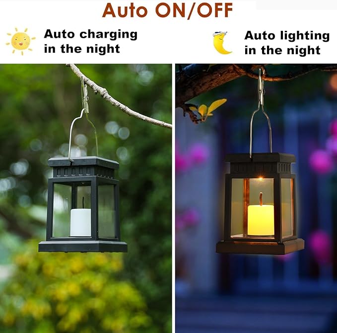 Small Solar Lanterns Outdoor Waterproof, Hanging Candles Solar Lights Garden Decor for Outside, Gifts for Women Mom, Flickering Flameless Candle Lights for Table,Outdoor Decorative 2P