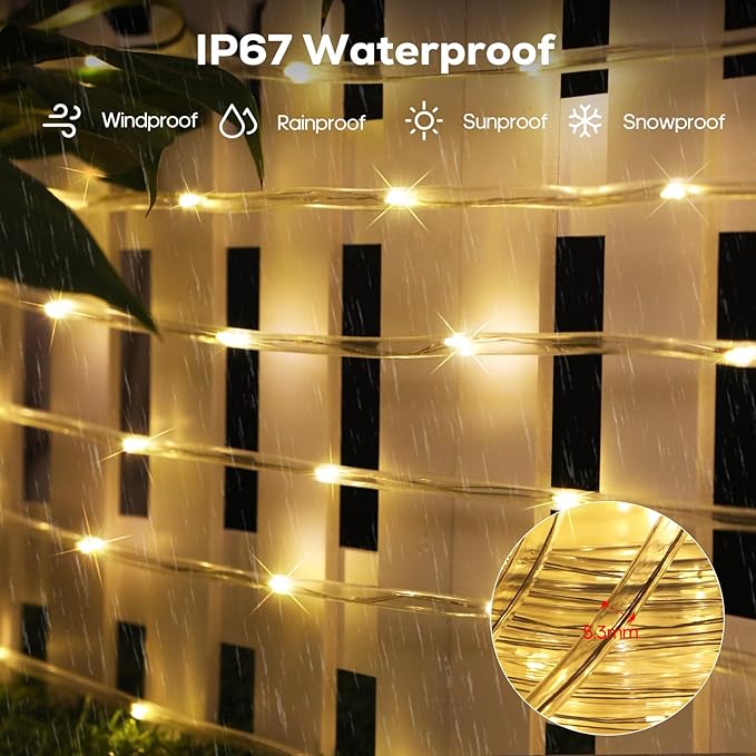 ICRGB Solar Rope Lights Outdoor, 66FT 200LED Christmas Fairy Light with Remote, IP67 Waterproof Solar String Lights, Timing & 8 Modes, Outdoor Light for Garden Patio Porch Pool, Warm White
