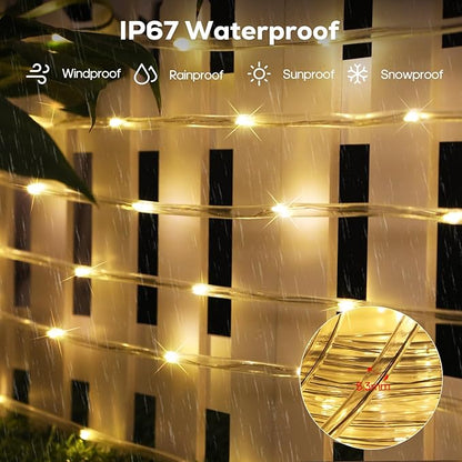 ICRGB Solar Rope Lights Outdoor, 66FT 200LED Christmas Fairy Light with Remote, IP67 Waterproof Solar String Lights, Timing & 8 Modes, Outdoor Light for Garden Patio Porch Pool, Warm White