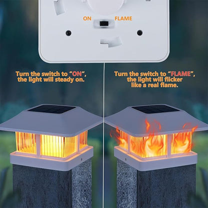 Dynaming Solar Flame Post Cap Lights Outdoor, Solar Powered White Shell Fence Post Light, Flickering Flame LED Lamps Waterproof for Garden Deck Patio, Fit 4x4, 5x5 or 6x6 Vinyl/Wooden Posts, 2 Pack