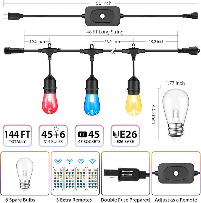 G40 Globe Patio Lights, 144ft LED Bulbs
