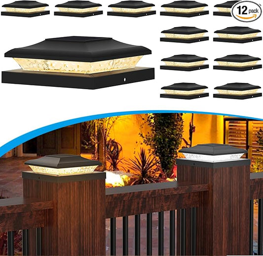 12 Pack Solar Post Cap Lights Outdoor, 2 Modes (Warm/White Light) Black Fence Post Solar Powered Lights Waterproof for 5x5, 5.5x5.5, 6x6 Wooden/Vinyl Posts Decorate Garden Deck Patio Porch