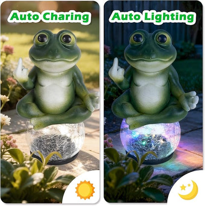 Funny Meditating Frog Garden Statue - Outdoor Statues & Yard Art for Patio Backyard - Sassy Zen Frog Statue with Solar Lights - Unique Birthday Gifts for Mom Grandma & Gag Gift for Friends