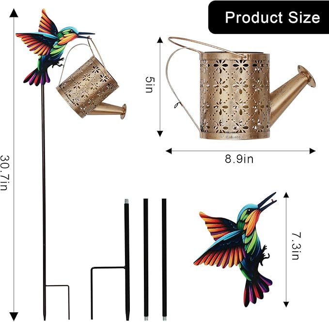 Solar Watering Can with Cascading Lights Outdoor Garden Decor,Solar Hummingbird Lights Shaped Hook Gardening Gifts, Hanging Garden Lights for Patio Yard Lawn Porch Outdoor Decoration