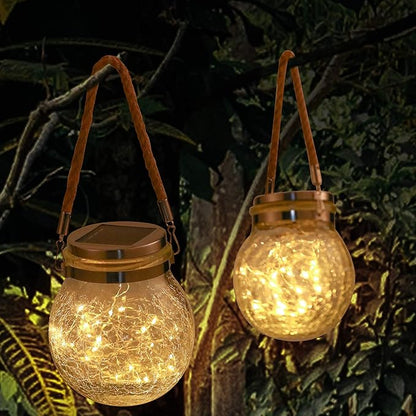 Solar Hanging Lanterns Outdoor Waterproof, Table Lamps Decorative Cracked Glass Jar 30 LED Lights for Garden Tree Court Yard Patio Pathway Christmas Day Holiday Party Decoration (1, Warm Light)