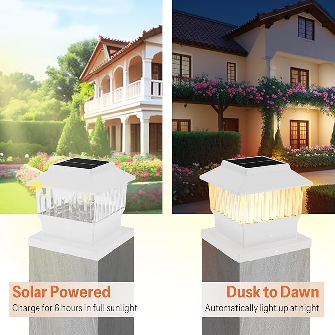 Solar Post Cap Lights 4 Pack, Modern #1: Fits True 4x4 Vinyl, 4x4 & 6x6 Wood Posts, 3 Color Temperature, 50 Lumen Waterproof Outdoor Lights for Deck Fence, Elegant White