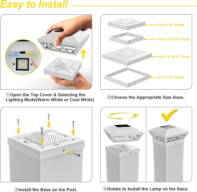 T-SUN Solar Post Cap Lights 12 Pack – Outdoor Waterproof Fence Lights for 3.5x3.5 4x4 5x5 5.5x5.5 Wood/Vinyl Posts, with 2 Brightness Modes Solar Deck Light for Patio, Garden, Porch(White)