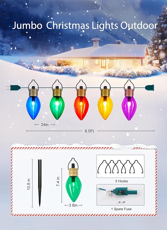 Hanging Christmas Decoration Outdoor - 8.5 FT 5 LED Jumbo Christmas Pathway Lights, Multicolor Christma Walkway Lights, Waterproof Giant Christmas Light Outdoor Decoration for Holiday Roof Yard Lawn