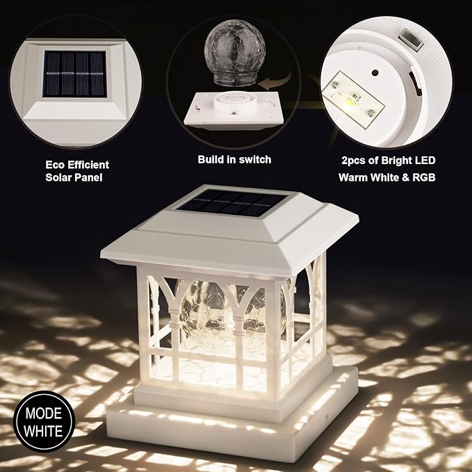 Solar Post Cap Lights, Warm White & RGB Automatic Cycling, Cracked Glass Bulb, 20 Lumens lP65 Waterproof Fit 3.6x3.6 4x4 4.5x4.5 5x5 Wood Fence Post Solar Powered Lights White (12 Pack)
