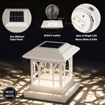 Solar Post Cap Lights, Warm White & RGB Automatic Cycling, Cracked Glass Bulb, 20 Lumens lP65 Waterproof Fit 3.6x3.6 4x4 4.5x4.5 5x5 Wood Fence Post Solar Powered Lights White (6 Pack)