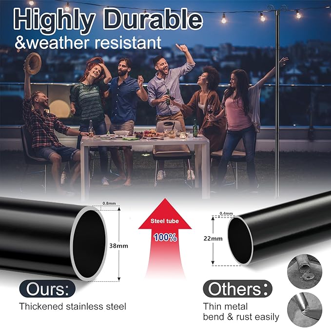 10FT String Light Poles with Spiral Ground Stakes, 38mm Adjustable Height Rustproof Metal Posts for Garden Lawn Patio, Christmas Wedding Party Outdoor Decoration (Black, 1 Pack)