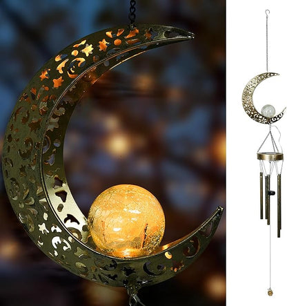 Ferrisland Solar Wind Chimes for Outside Clearance, Moon Windchimes Outdoors for Porch Patio with Crackle Glass Ball LED Light, Waterproof Metal Outdoor Hanging Decor for Women Wife Mom Grandma