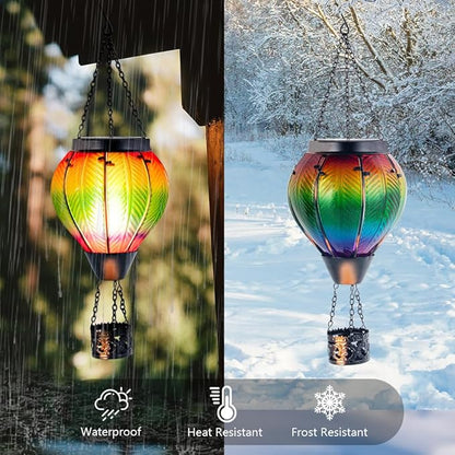Starsoul Hot Air Balloon Solar Lantern with Flickering Flame Light Colorful Glass Hot Air Balloon Solar Light Waterproof Outdoor Hanging Solar Lantern for Yard Garden Patio Farmhouse Decor