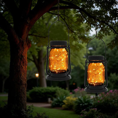 Solar Mason Jar Lantern Outdoor Waterproof, Hanging Solar Lantern Lights for Outside, Fairy Glass Decorative Lantern for Yard Patio Garden Porch Table Wedding, 2 Pack