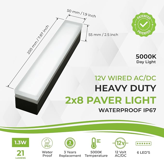 LUMENGY Paver Light 2x8 Inch (1.97x7.87), 5000K Daylight, Glare-Free Brick Lighting for Driveways, Walkways, Pool Decks and Patios, 12V Hardwired, IP67 Waterproof, Drive-Over Rated