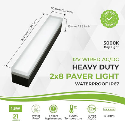 LUMENGY Paver Light 2x8 Inch (1.97x7.87), 5000K Daylight, Glare-Free Brick Lighting for Driveways, Walkways, Pool Decks and Patios, 12V Hardwired, IP67 Waterproof, Drive-Over Rated