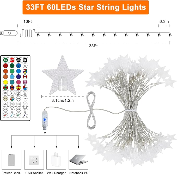 33ft Christmas LED String Lights, Waterproof Timer Lights
