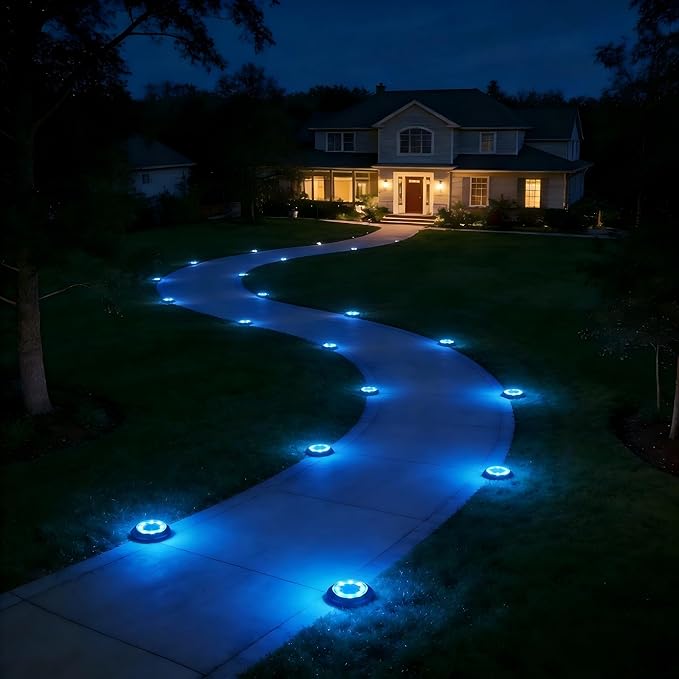 Flacchi Solar Lights Outdoor - Solar Powered Ground Lights Outdoor Solar Disk Light Waterproof Landscape Light for Patio Yard Pathway Walkway Driveway (Blue, 12 Pack)