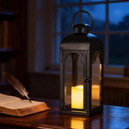 Decorative Candle Lanterns Outdoor Large 15.5“ Battery Powered Hanging Lanterns with Flameless Candle for Front Porch, Entrance, Indoor, Black, 1 Pack
