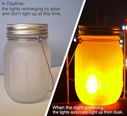 Mason Jar Solar Lights Lanterns, 6-Pack Amber Flame Flicker Lights with Glass Mason Jar,Best for Wedding Garden Patio Outdoor Solar Powered Hanging Lanterns(Jars & Hangers Included)