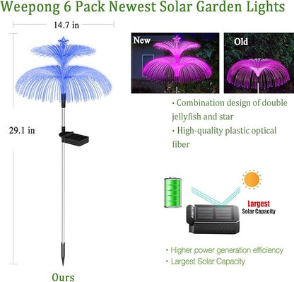 Solar Garden Lights 6 Pack New Upgraded Solar Lights Outdoor Waterproof 7 Color Changing Double Jellyfish and Star Flower Garden Decor Yard Lawn Christmas Decorations, Gifts for Women Mom