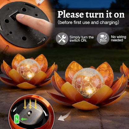 Huaxu Solar Lights Outdoor Garden Decoration Crackle Globe Glass Waterproof LED Metal Orange Lotus Flowers Gift for Mom,Women,Patio,Lawn,Walkway,Tabletop,Ground