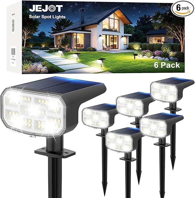 Solar Spot Lights Outdoor Waterproof IP65,6 Pack,Cool Light, 2 Lighting Modes Selectable, Solar Powered Yard Garden Solar Spot Lights for Garden Outside Landscape Auto On/Off