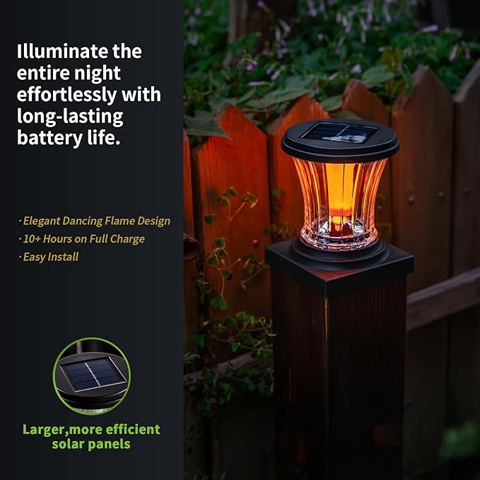 Glass Solar Flame Post Cap Lights Outdoor Waterproof, Flickering Flame Solar Powered Fence Post Lights with Modular Design, Auto On/Off for Deck, Patio, Garden, 4x4 Vinyl/Wood Posts (4 Pack)