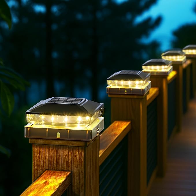 Solar Post Cap Lights, 2 Pack Upgraded Outdoor Deck Fence Post Solar Lights for 4x4 5x5 Wood/Vinyl Posts, IP65 Waterproof, 10-12 Hours Warm White Glow for Garden/Patio/Porch - Black