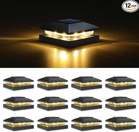 VOLISUN 4x4 Solar Post Cap Light 12pack,Solar Fence - Post Lights Outdoor Waterproof for Wooden/Vinyl Post,Black Deck Post Cap Light Solar Powered with Warm White for Garden/Patio/Porch