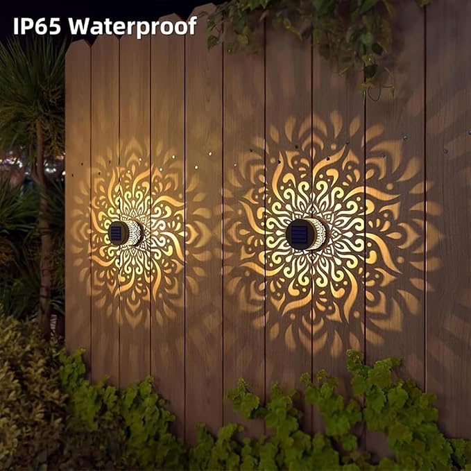 Decorative Solar Mandala Lights, Metal Solar Powered Outdoor Deck Step Wall Lights, Mandala Theme Waterproof Fence Light for Garden Post Patio Backyard Yard Decor (1)