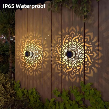 Decorative Solar Mandala Lights, Metal Solar Powered Outdoor Deck Step Wall Lights, Mandala Theme Waterproof Fence Light for Garden Post Patio Backyard Yard Decor (1)