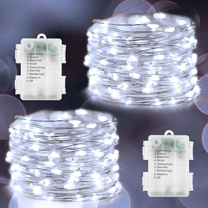 echosari 2 Pack Fairy Lights Battery Operated 100 LED 33Ft Silver Wire Christmas Lights Auto Timer 8 Modes Waterproof Mini String Lights for Indoor, Garden, Yard, Fence, Wedding Decor (Cool White)
