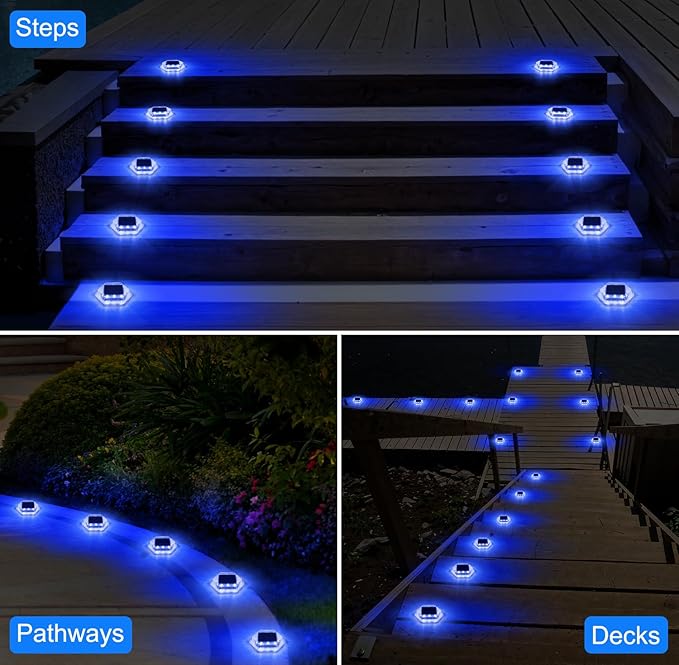 Solar Deck Lights Dock Step Lights- 4 Packs Waterproof 1200mAh Auto ON/Off LED Solor Powered Stair Lighting for Outdoor Garden, Patio, Pathway, Walkway, Driveway (Blue)