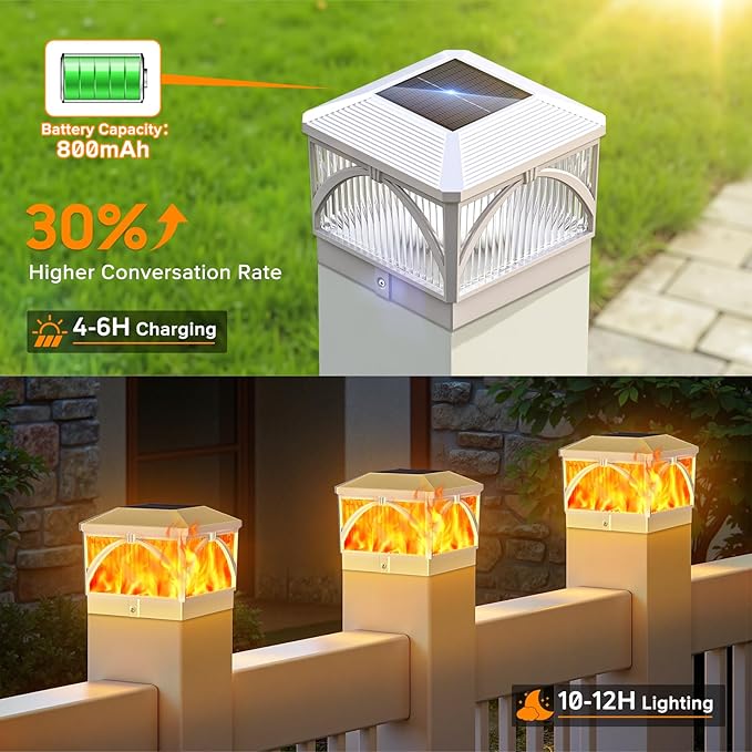 LETMY 8 Pack Solar Flame Post Cap Lights Outdoor- Flickering Flame & Warm Light 4x4 Fence Post Solar Lights Outdoor Waterproof for Fence, Garden, Yard, Deck, Patio Decor, 4X4 Vinyl Wooden Posts(White)