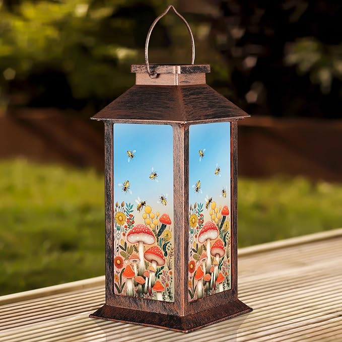 Outdoor Hanging Solar Lantern Waterproof Outside Bees Mushrooms Pattern Landscape Lights for Porch Garden Yard Patio Pathway Decor Birthday Gifts for Women Mom Grandma