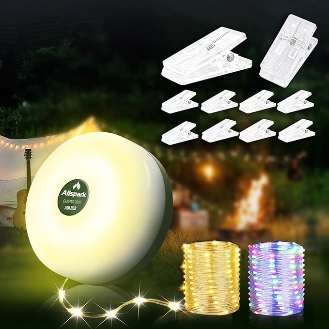 Allspark Camping String Lights Rechargeable, 4 in 1 Quick Storage 32.8FT Outdoor Lights with 8 Lighting Modes,Portable LED Fairy Lights for Decor Tent Garden Party Camping Essentials,with 10 Clips