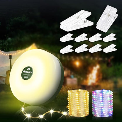 Allspark Camping String Lights Rechargeable, 4 in 1 Quick Storage 32.8FT Outdoor Lights with 8 Lighting Modes,Portable LED Fairy Lights for Decor Tent Garden Party Camping Essentials,with 10 Clips
